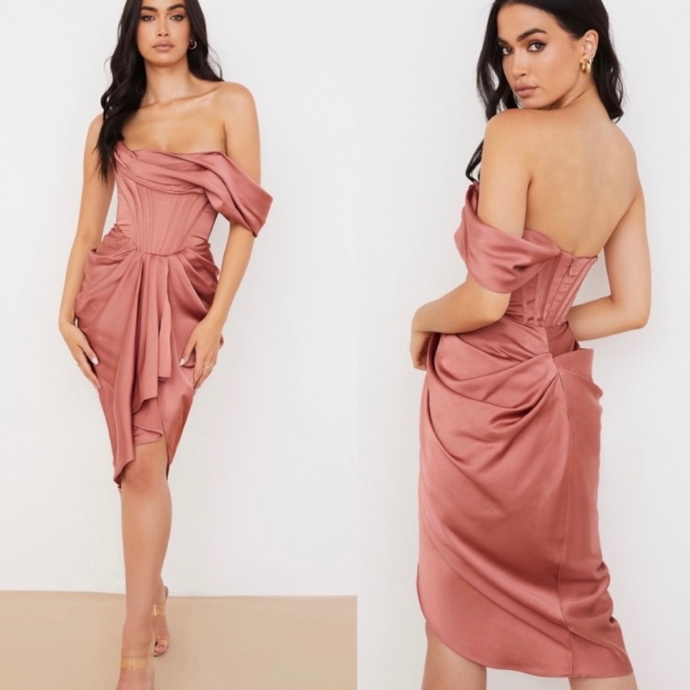 House of CB Janis Rouge Satin One Shoulder Draped Midi Dress - Picture 2 of 11